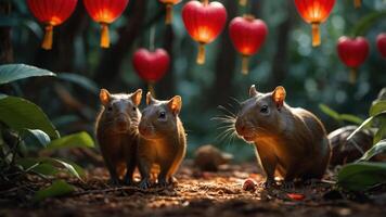 Three small rodents in a lush forest setting with hanging red lanterns. photo