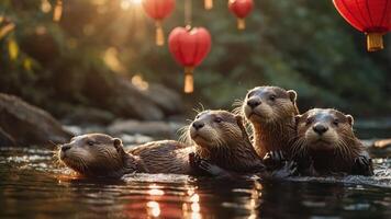 Four otters swimming in a serene river under hanging lanterns at sunset. photo