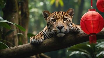 A jaguar resting on a branch in a lush environment, with red lanterns hanging nearby. photo