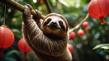A sloth hanging on a branch surrounded by red lanterns in a lush environment. photo