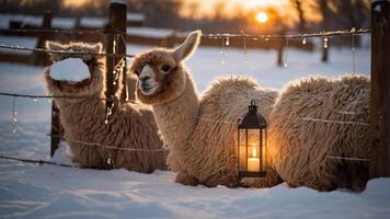 Two fluffy llamas resting in the snow with a lantern at sunset, creating a cozy atmosphere. photo