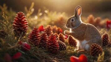 A serene rabbit amidst pine cones and flowers in a soft, golden light. photo