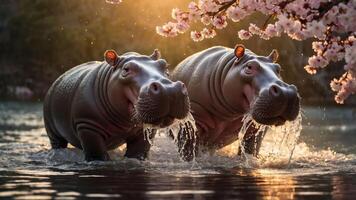 Two hippos playfully emerge from a tranquil water scene, framed by cherry blossoms. photo