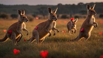Four kangaroos hopping through a field with floating heart shapes, evoking a playful atmosphere. photo