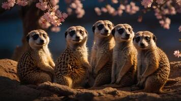 A group of meerkats sitting together under cherry blossoms in a serene setting. photo