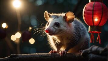 A close-up of a possum on a branch, illuminated by lanterns in a nighttime setting. photo