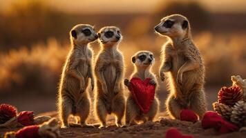 Four meerkats stand together at sunset, one holding a heart, creating a playful scene. photo