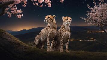 Two cheetahs sit gracefully under cherry blossom trees at night. photo