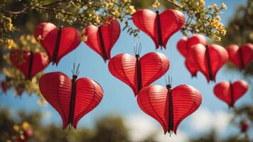 Vibrant red heart-shaped lanterns hanging from branches, creating a festive atmosphere. photo