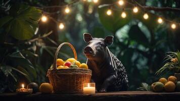 A pig beside a basket of fruits and a candle in a lush, dimly lit environment. photo