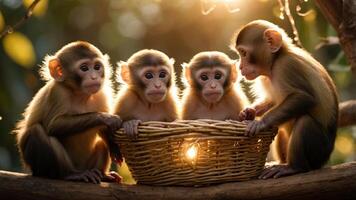 Four monkeys sitting together around a woven basket, illuminated by soft sunlight. photo