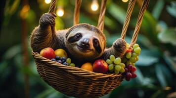 A sloth relaxing in a basket filled with colorful fruits, surrounded by greenery and lights. photo
