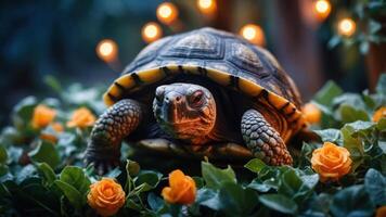 A turtle resting among greenery and roses, illuminated by soft lights. photo