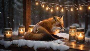 A serene fox resting on a snowy table surrounded by candles and string lights. photo