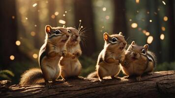 Four chipmunks on a log in a forest, seemingly engaged in a lively conversation. photo