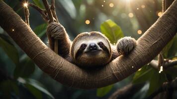 A sloth hanging peacefully from a tree branch in a lush, sunlit environment. photo