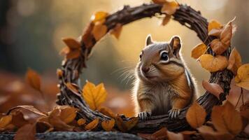 A chipmunk framed by a circular wreath of twigs and autumn leaves in a serene forest setting. photo