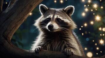 A raccoon perched on a tree branch, surrounded by magical sparkles in a nighttime setting. photo