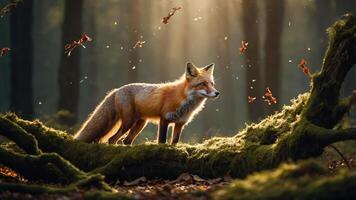 A majestic fox stands amidst a sunlit forest, surrounded by falling leaves. photo