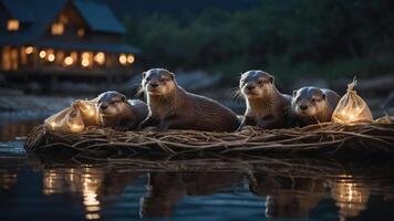 A group of otters on a raft with glowing lights, set against a cozy lodge backdrop. photo