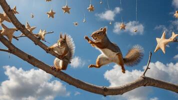 Two squirrels playfully leaping on a branch adorned with hanging stars against a blue sky. photo