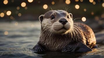 A close-up of an otter in water, surrounded by soft bokeh lighting. photo