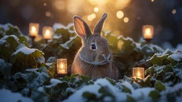 A serene rabbit surrounded by snow and candles, creating a peaceful winter atmosphere. photo