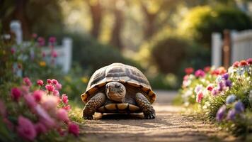 A tortoise walking along a flower-lined path in a serene garden setting. photo