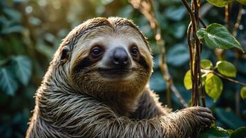 A sloth clings to a branch, showcasing its adorable face amidst lush green foliage. photo