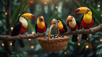 A vibrant scene of toucans perched on a branch beside a basket of colorful stones. photo