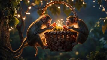 Two monkeys sharing a basket of fruit, illuminated by soft lights in a serene setting. photo