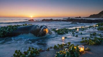 A seal on a beach at sunset, surrounded by ivy and candles, creating a serene atmosphere. photo