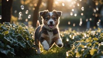 A playful puppy runs joyfully through a garden with sunlight and droplets in the background. photo