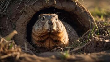 A close-up of a groundhog peeking out from its burrow in a natural setting. photo