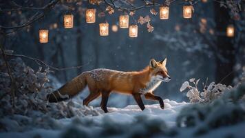 A fox walks through a snowy landscape, illuminated by hanging lanterns in a serene forest. photo