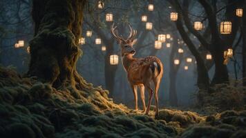 A serene deer stands amidst glowing lanterns in a mystical forest setting. photo
