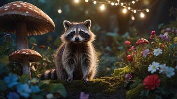 A raccoon stands amidst colorful flowers and mushrooms, illuminated by fairy lights. photo