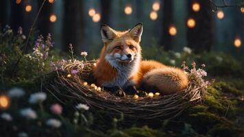 A serene fox resting in a nest surrounded by flowers and glowing lights in a forest. photo