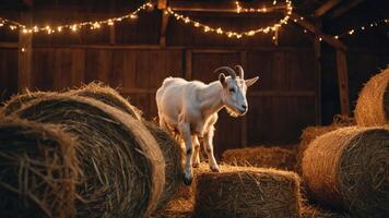 A goat standing on hay bales in a warmly lit barn. photo