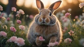 A cute rabbit surrounded by pink flowers in a serene setting at sunset. photo
