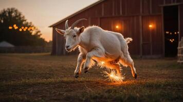 A playful goat leaps in a field at sunset, creating a magical atmosphere with sparks. photo