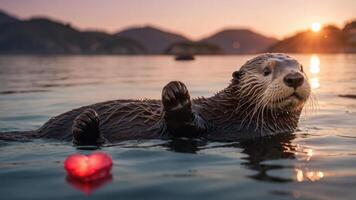 A playful otter floats in calm water with a heart-shaped object at sunset. photo