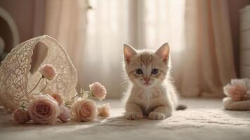 A playful kitten surrounded by soft roses in a cozy, sunlit room. photo