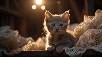 A cute kitten resting on lace fabric with warm lighting in a cozy setting. photo