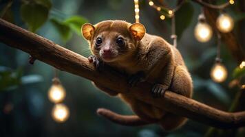 A cute animal perched on a branch surrounded by soft glowing lights in a natural setting. photo