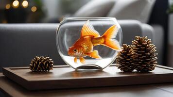 A goldfish swims in a bowl surrounded by pinecones on a wooden table in a cozy setting. photo