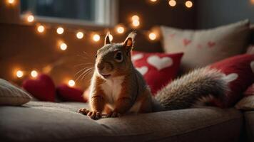 A playful squirrel sits on a couch adorned with heart-patterned cushions and fairy lights. photo
