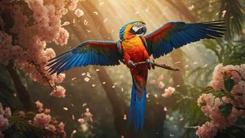 A vibrant macaw in flight amidst a lush, blossoming forest with soft sunlight filtering through. photo
