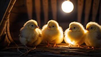 Four fluffy yellow chicks huddle together under warm light in a cozy setting. photo