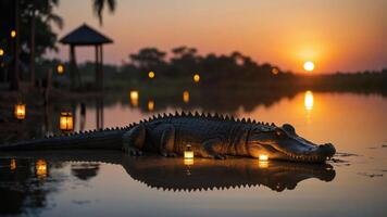 A crocodile rests by a serene lake at sunset, surrounded by glowing candles. photo